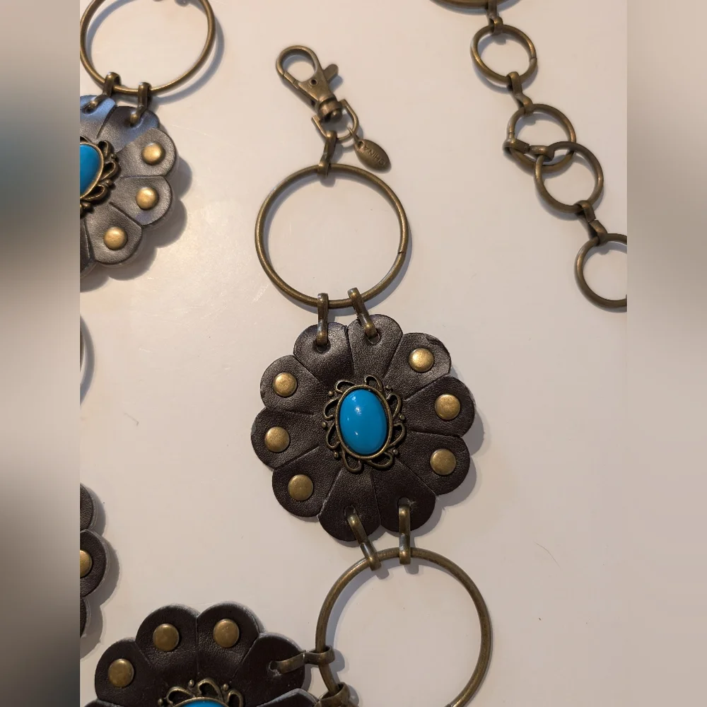 Western Belt Faux Turquoise Chain Belt,‎ leather Flower.